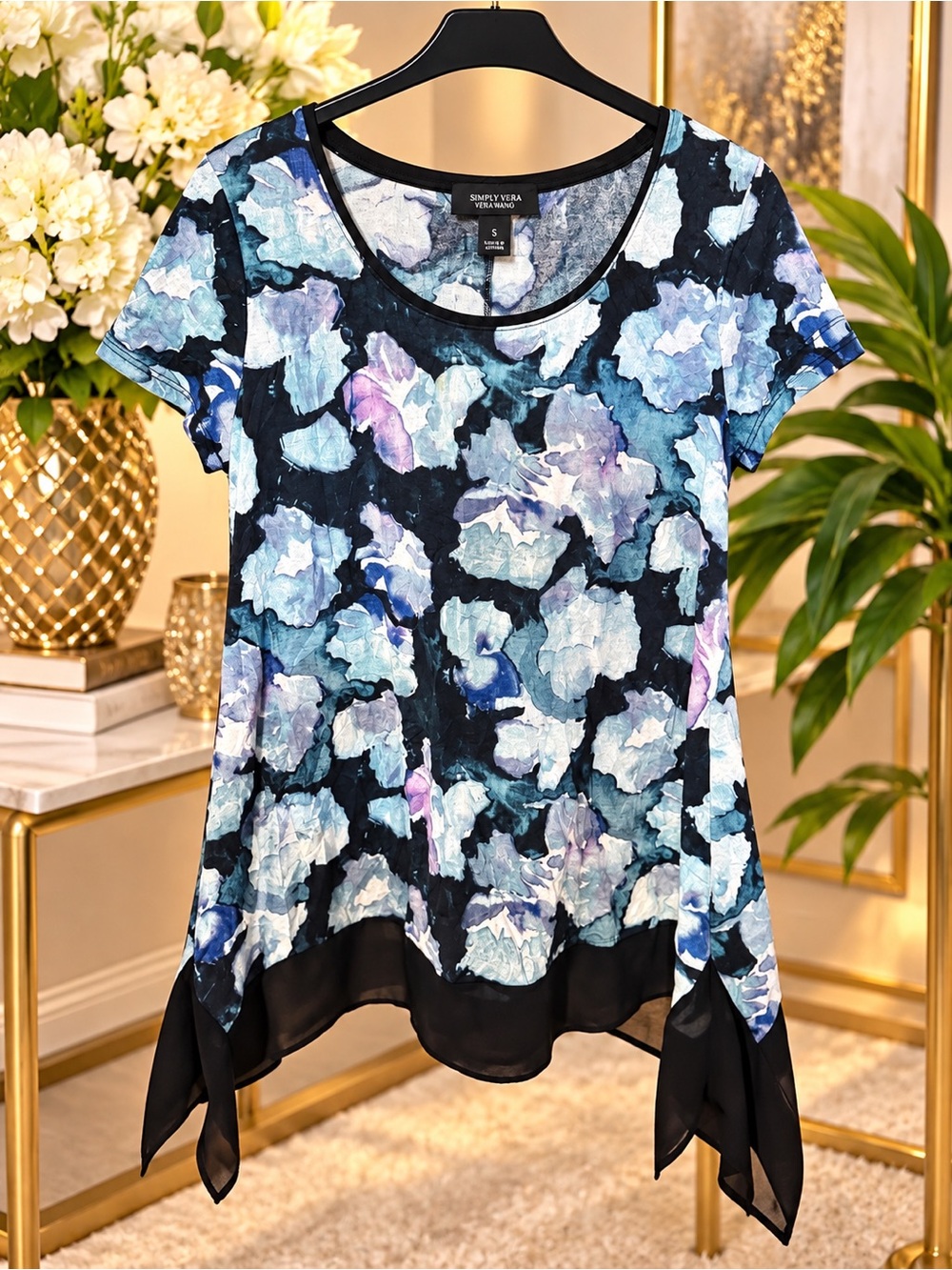 Simply Vera Vera Wang Blue, Black & Purple Floral Handkerchief-Hem Top